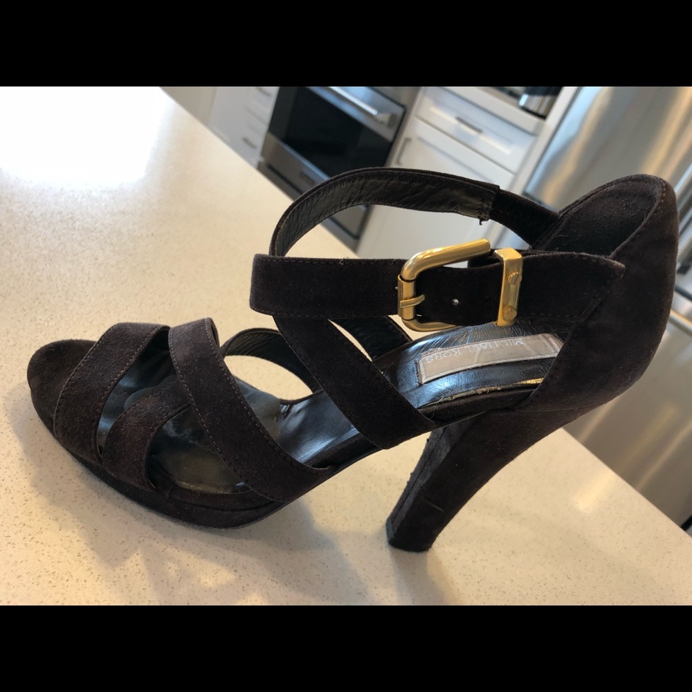 Michael Kors suede chocolate brown sandals w gold